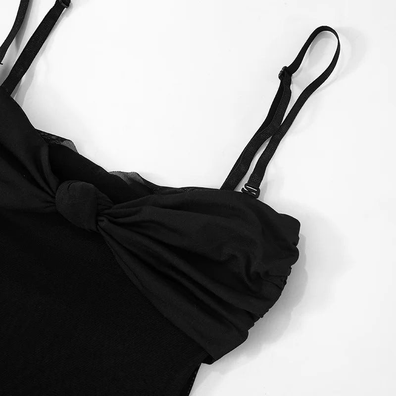 Removable Spaghetti Strap Twisted Mesh Spliced Maxi Dress Elegant Sexy Black Party Dresses Women Summer