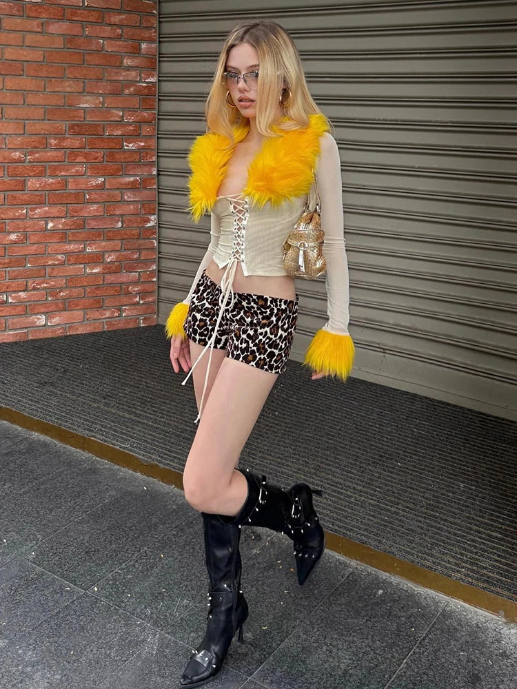 Furry Patchwork 2 Piece Set Women Hipster Mesh Shirring Full Sleeve Crop Tops+Bike Shorts Skinny Y2K Street Clubwear
