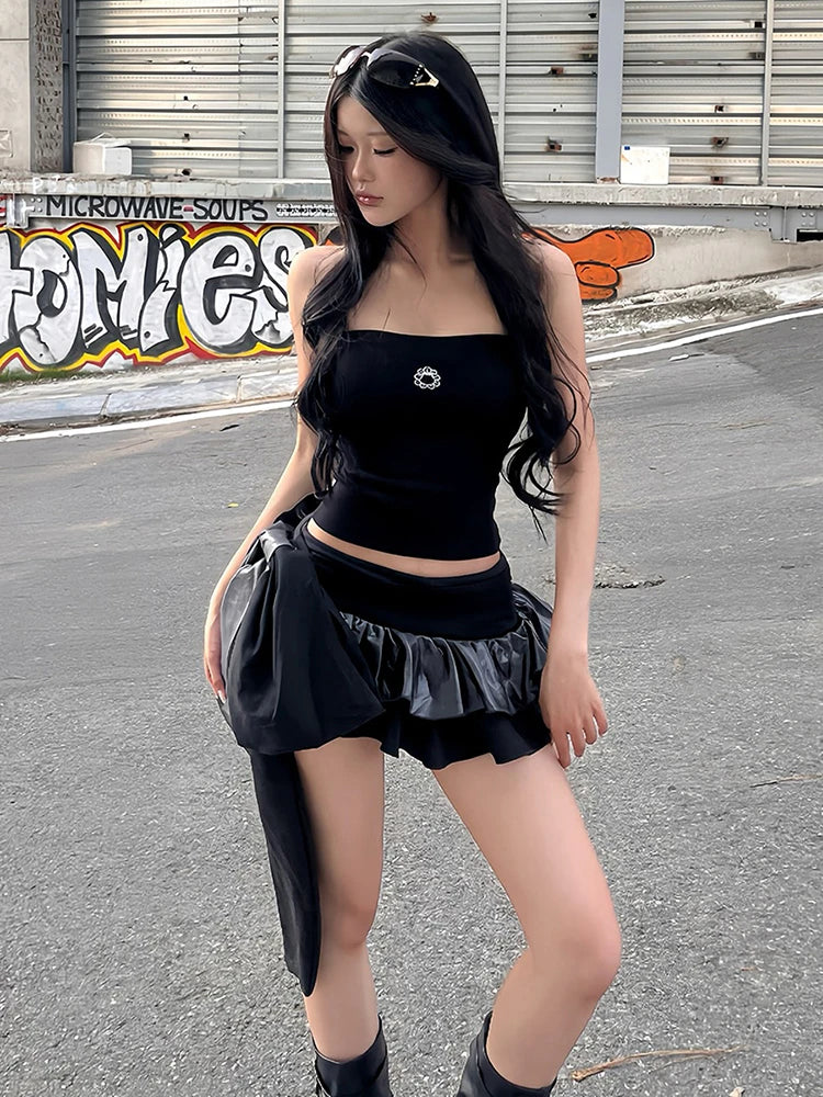 Big Bow Tassel Skirts Women Patchwork Leather Sexy Midnight Hottie Summer Trend Street Party Hipster Tierred Bottom