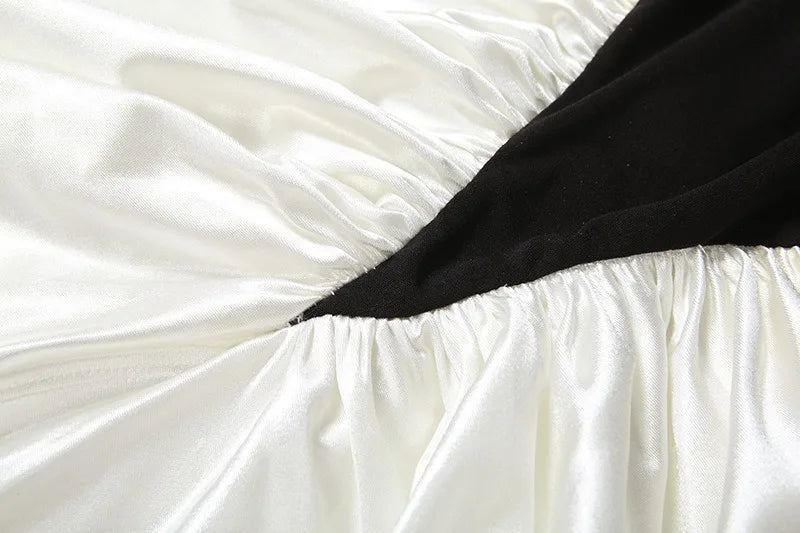 Off Shoulder Pleated Split Long Dresses Satin White and Black Patchwork Elegant Sexy Party Dresses for Woman