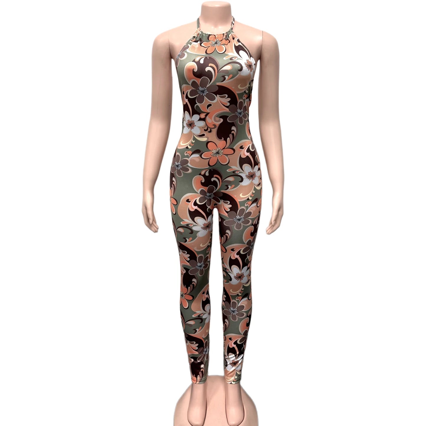 Backless Halter Jumpsuit Women Sexy Colorful Flowers Print Sleeveless Summer Trend Skinny Hottie Streetwear Overalls