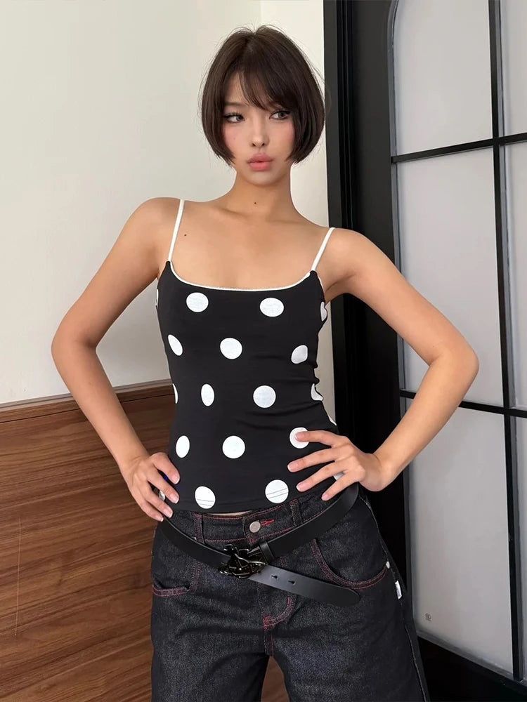 Polka Dot Print Camisole Women Simple Classic Backless Low-Neck Stretch Skinny Summer Street Daily Hottie Tank Tops