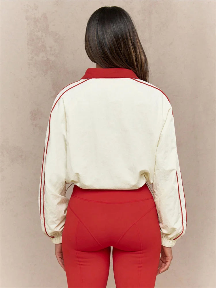 Contrast Patchwork Tracksuit 2 Piece Set Women Polo-Neck Drawstring Wasit Tops+Skinny Leggings Casual Sporty Sets