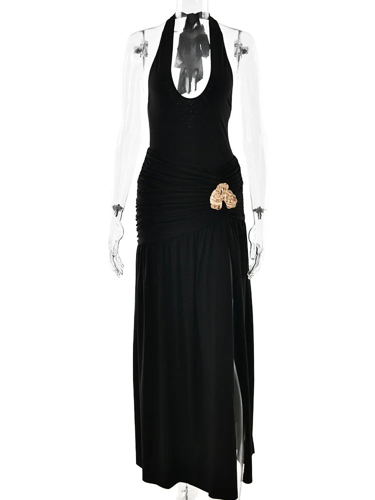 2 Piece Summer Sets Halter Backless Bodysuit Top and Split Long Skirts Elegant Sexy Woman Vacation Outfits