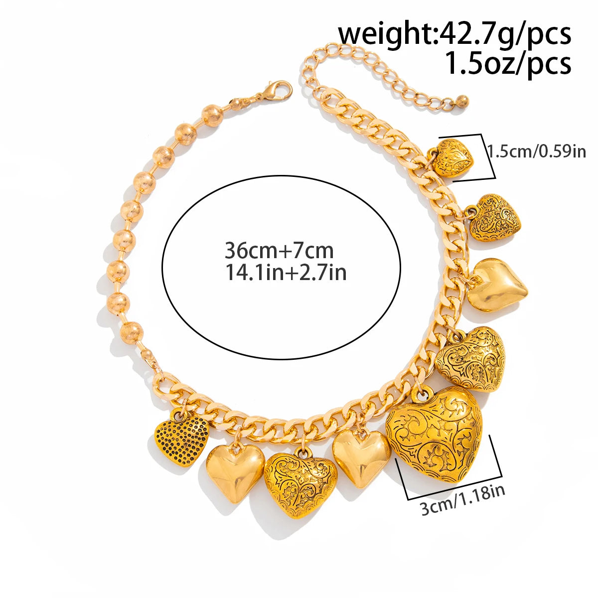 Vintage Printed Love Heart Tassel Pendant Choker Necklace for Women Punk Asymmetrical Chunky Chain Aesthetics Jewelry