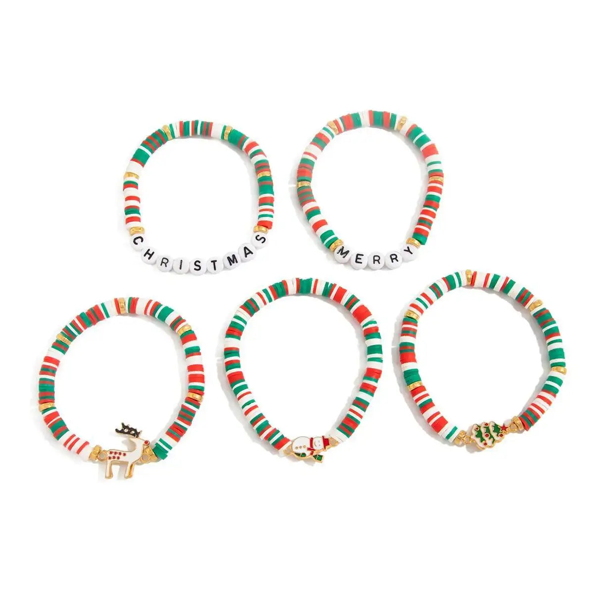 5Pcs/Set Christmas Tree Elk Snowman Pendant Bracelet Women Merry Christmas Elastic Rope Bracelet New Year Jewelry Gift