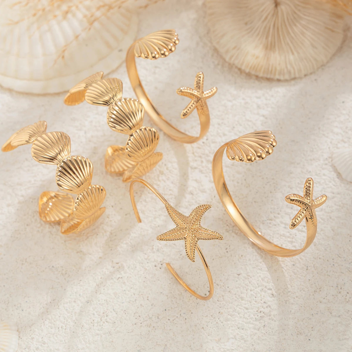 12Pcs/Set Punk Starfish Scallop Open Cuff Bangles Adjustable Rings for Women Boho Armband Bracelets Summer Jewelry Set