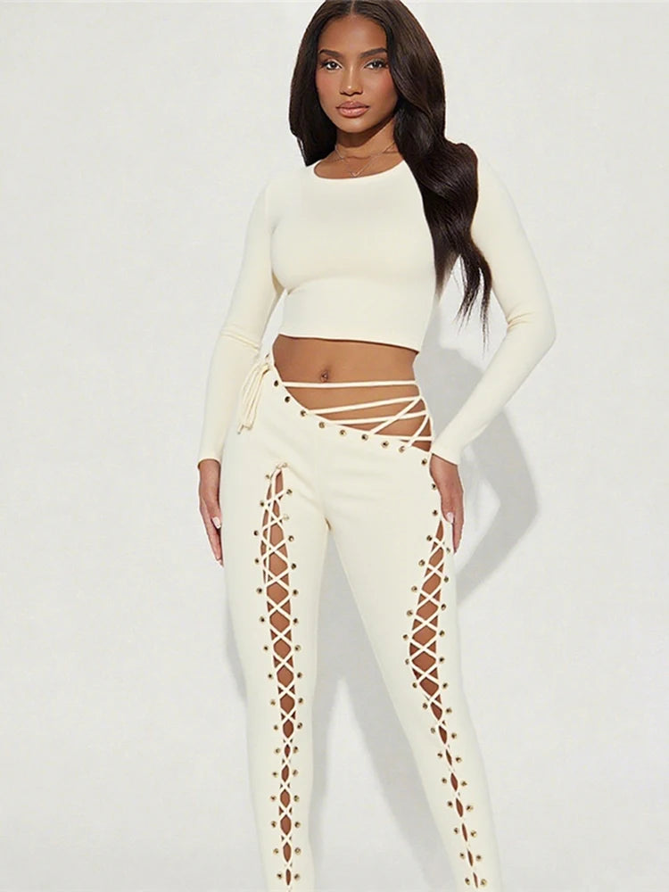 Sexy Women 2 Piece Set Casual Tracksuit Full Fall Crop Tops+Shirring Irregular Pants Stretch Streetwear Skinny Suits