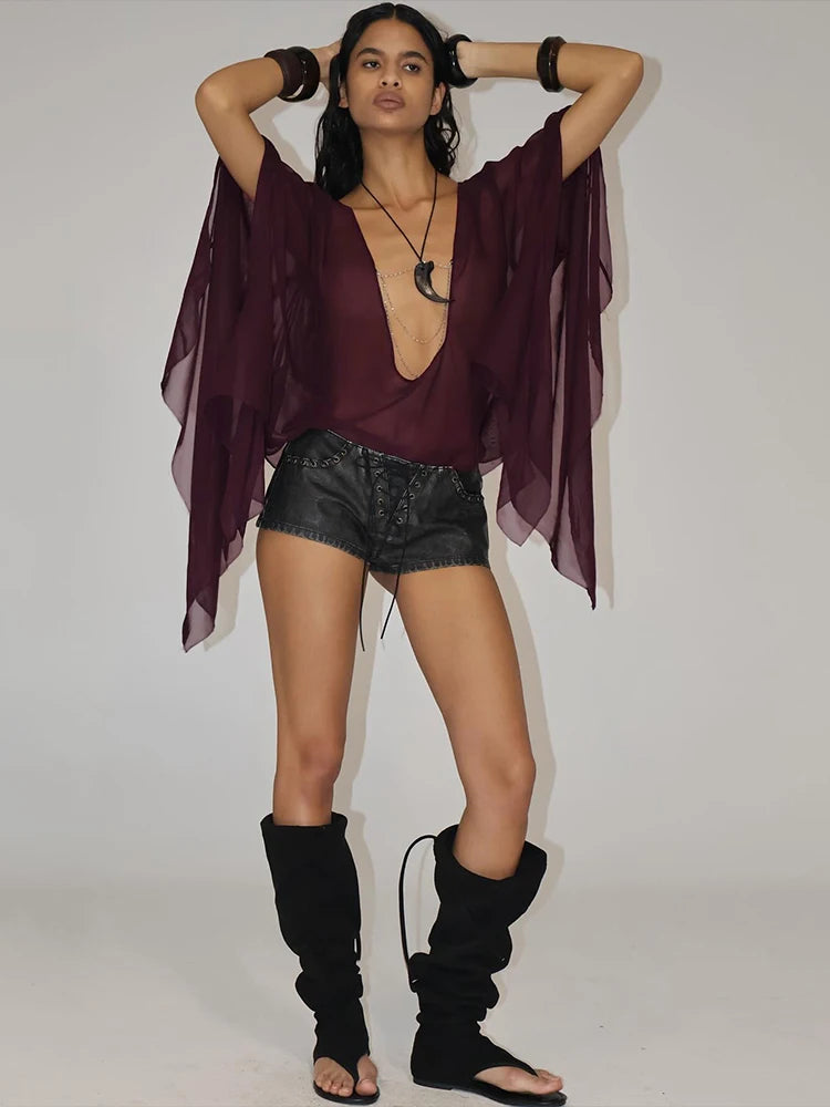 Mesh See Through T-Shirts Women Sexy Deep V-Neck Full Sleeve Irregular Ruffles Tassel Hot Girls Street Wild Style Top