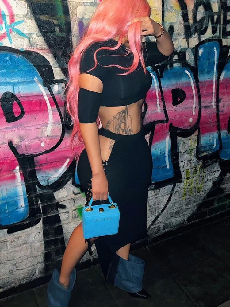 Sexy 2 Piece Set Women Y2K Irregular Hollow Shorts Sleeve Crop Tops+Shirring Side Split Skirts Chic Matching Clubwear