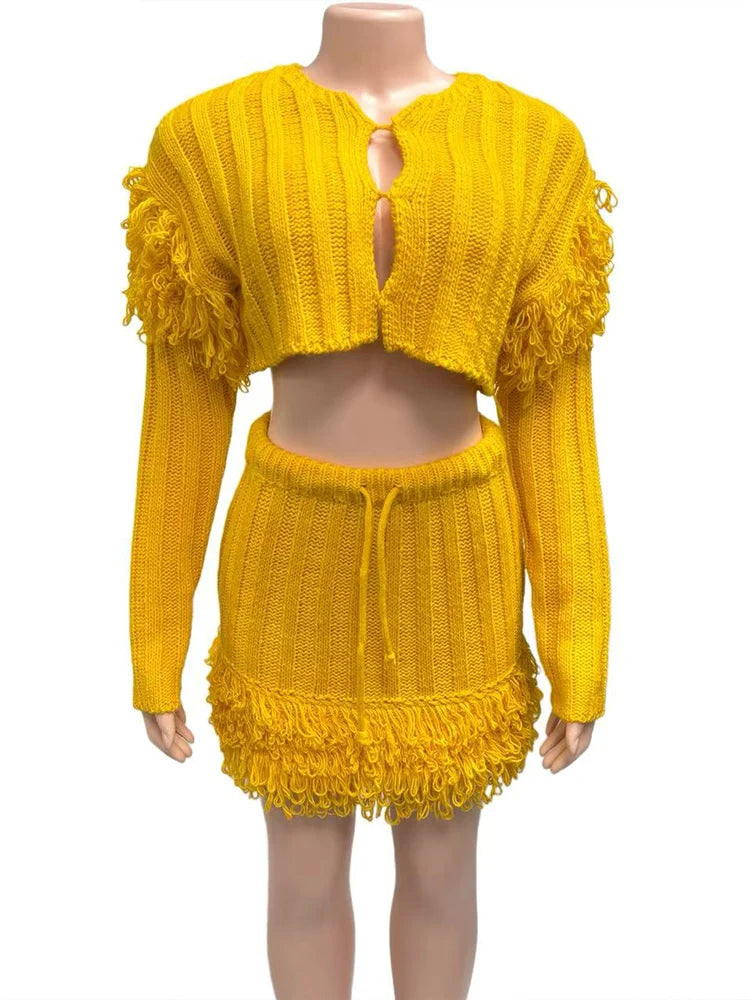 Sexy Knit Tassel 2-Piece Set Women Button Crop Cardigan+Drawstring Peach Hip Skirt Matching Stretch Skinny Outfits