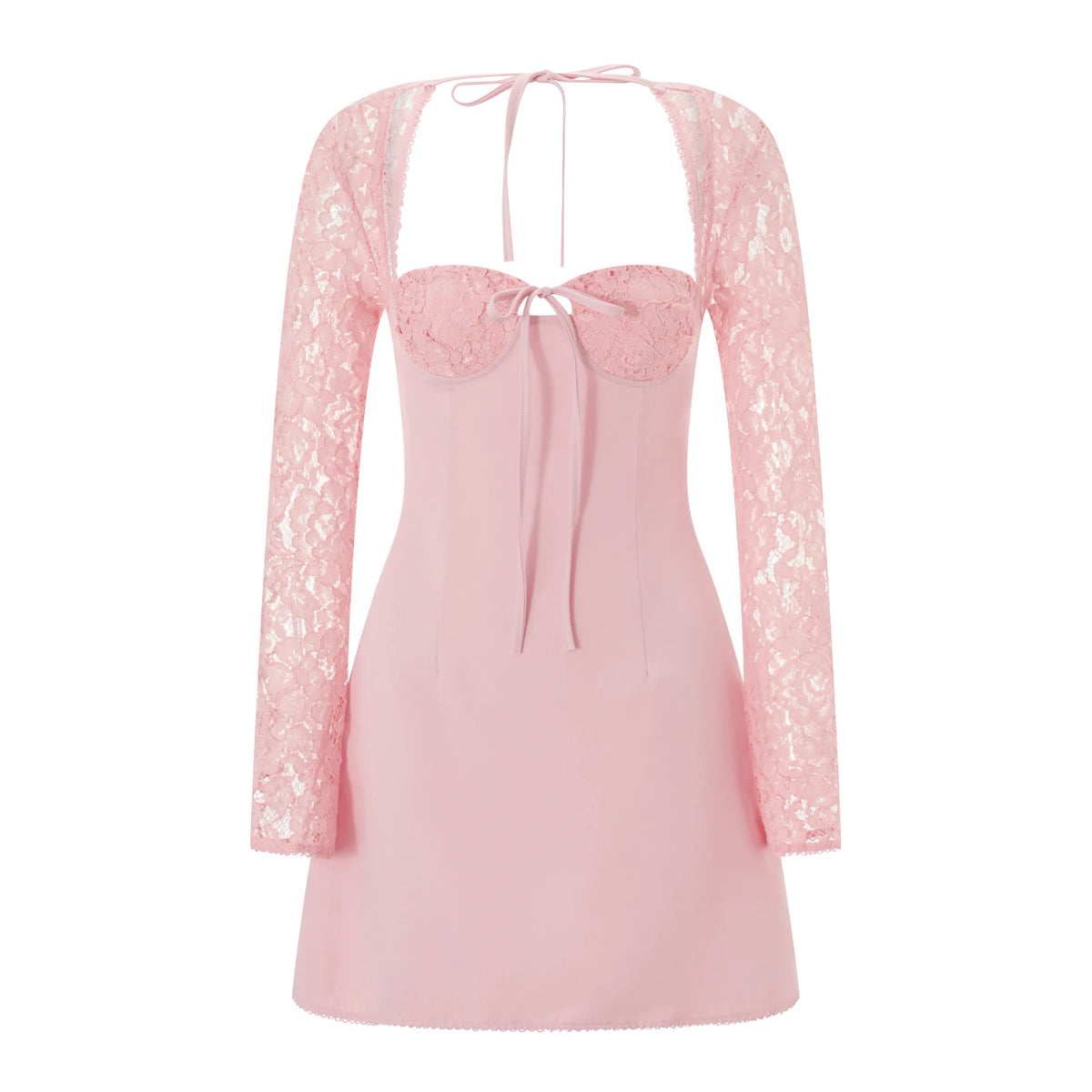 Womens Elegant Lace Patchwork Long Sleeve Mini Dress Y2k Square Neck High Waist Backless Tie Up Slim Fit A-line Dress