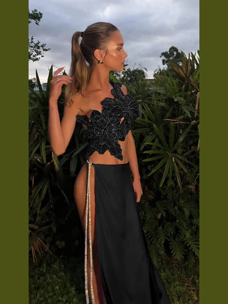 White Sexy 2 Piece Sets Women Party Outfit Sequined 3d Floral-applique Lace-up Crop Top Split Long Skirt Set