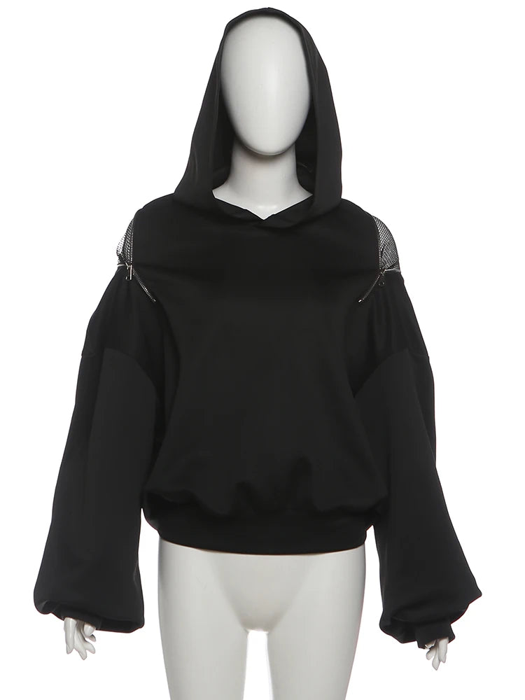 Backless Hooded Pullover Woman Zip Mesh Patchwork Design Full Sleeve High Street Casual Fashion Simple Style Classic Tops