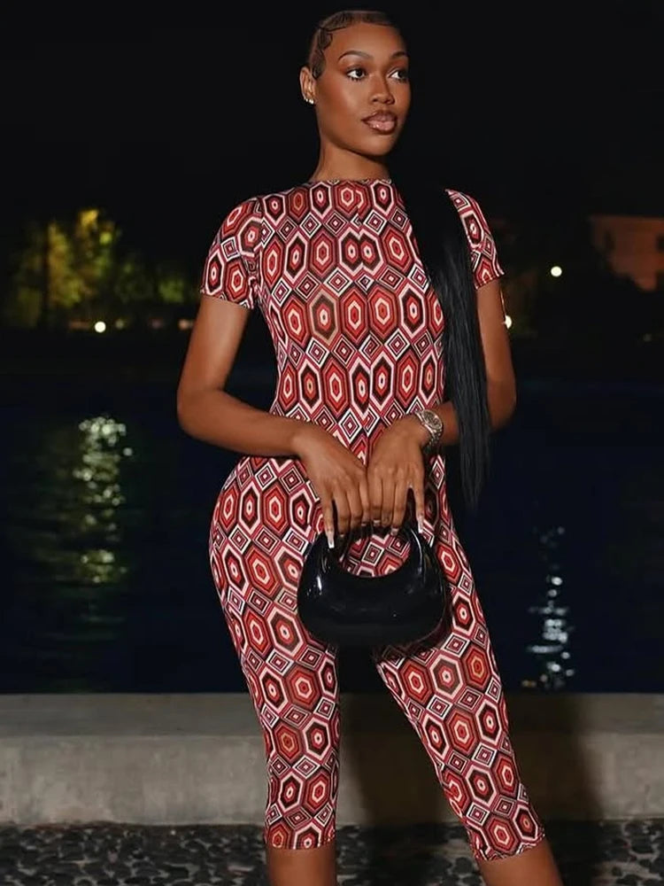 Backless Romper Women Fitness Tight Stretch Colorful Print Summer O-Neck Short Sleeve Slim Activity Workout Playsuits