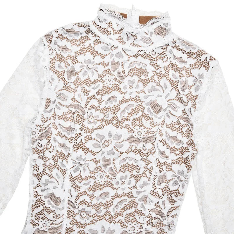 Long Sleeve Fishtail Midi Dresses for Women Elegant Floral Lace White Evening Dress Birthday Party Outfits