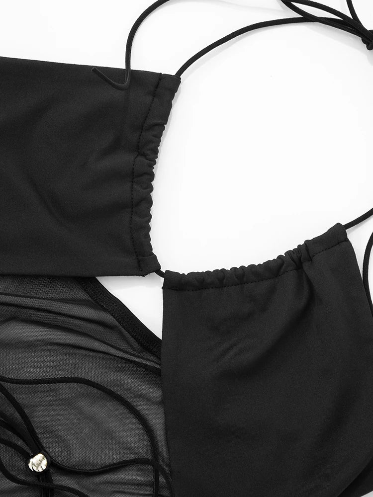 Irregular Hollow Playsuits Women Beads Mesh Patchwork Lace-Up Halter Backless Midnight Sexy Coquette Skinny Romper