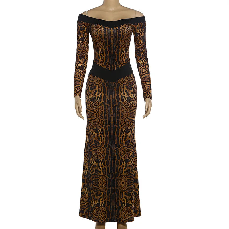 Leopard Print Long Sleeve Gown Off Shoulder Backless Maxi Dresses for Woman Elegant Sexy Party Dress Fall 2026