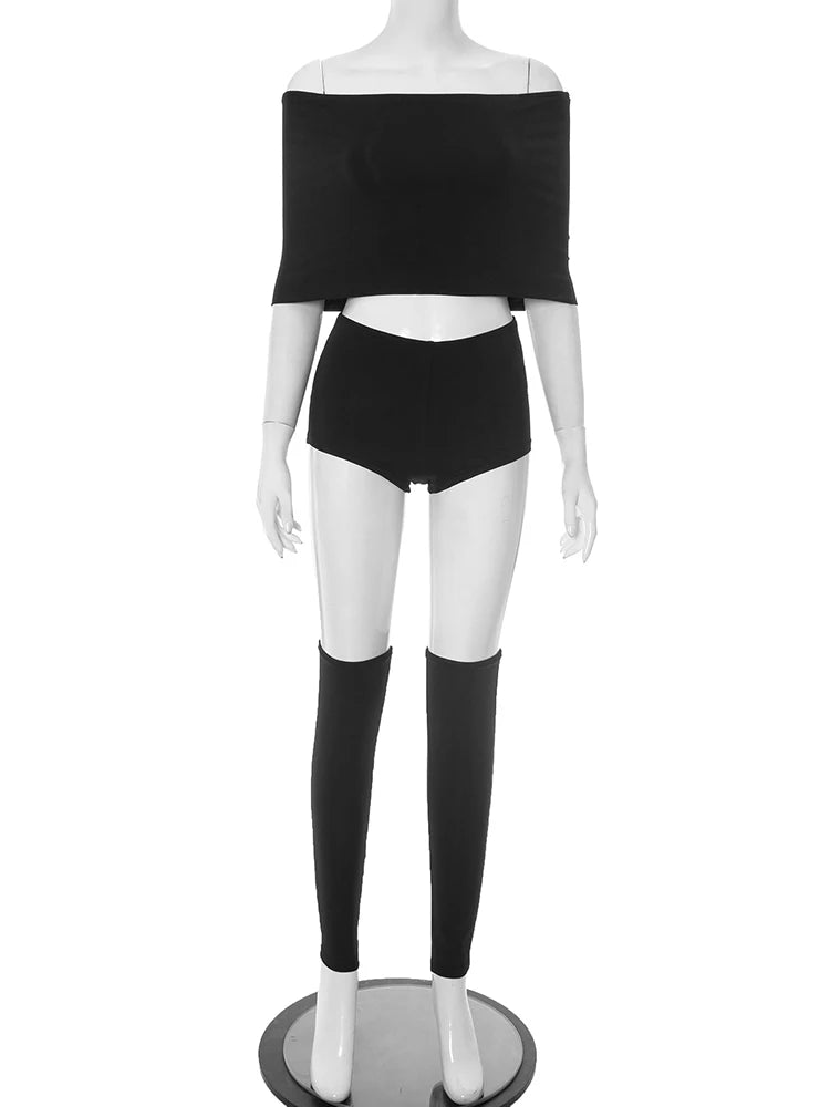Summer 2 Piece Set Women Simple Trend Slash Neck Mid Sleeve Crop Tops+Shorts+Foot Cover Matching Streetwear Outfits