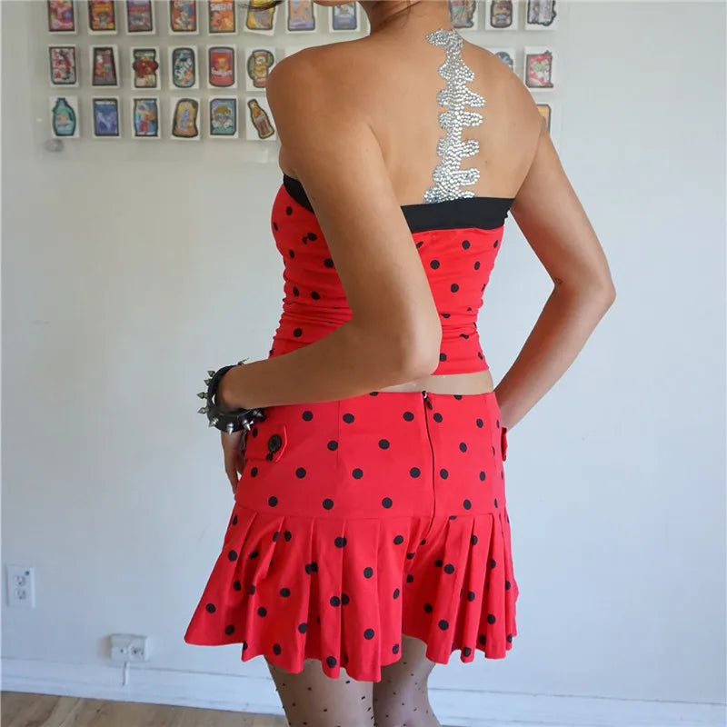 Y2K Retro Polka Dot Two Piece Outfit Women Strapless Bow Tube Top Pleated Mini Skirt Cute Streetwear Party Matching Set