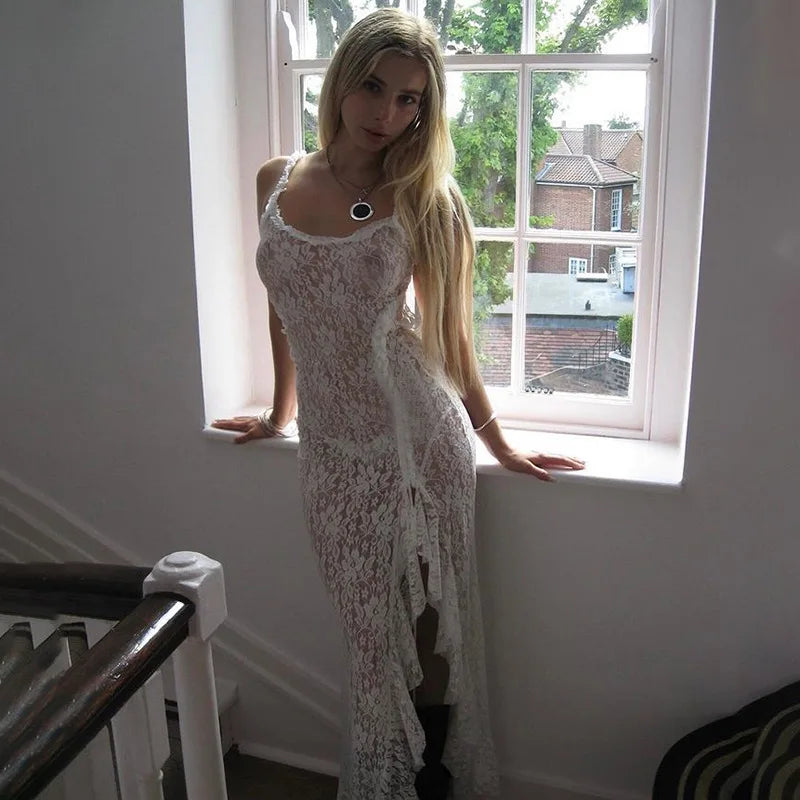 Sexy See Through Lace White Dress Party Night Elegant Ruffle High Split Maxi Long Dresses Summer Y2k Fairycore