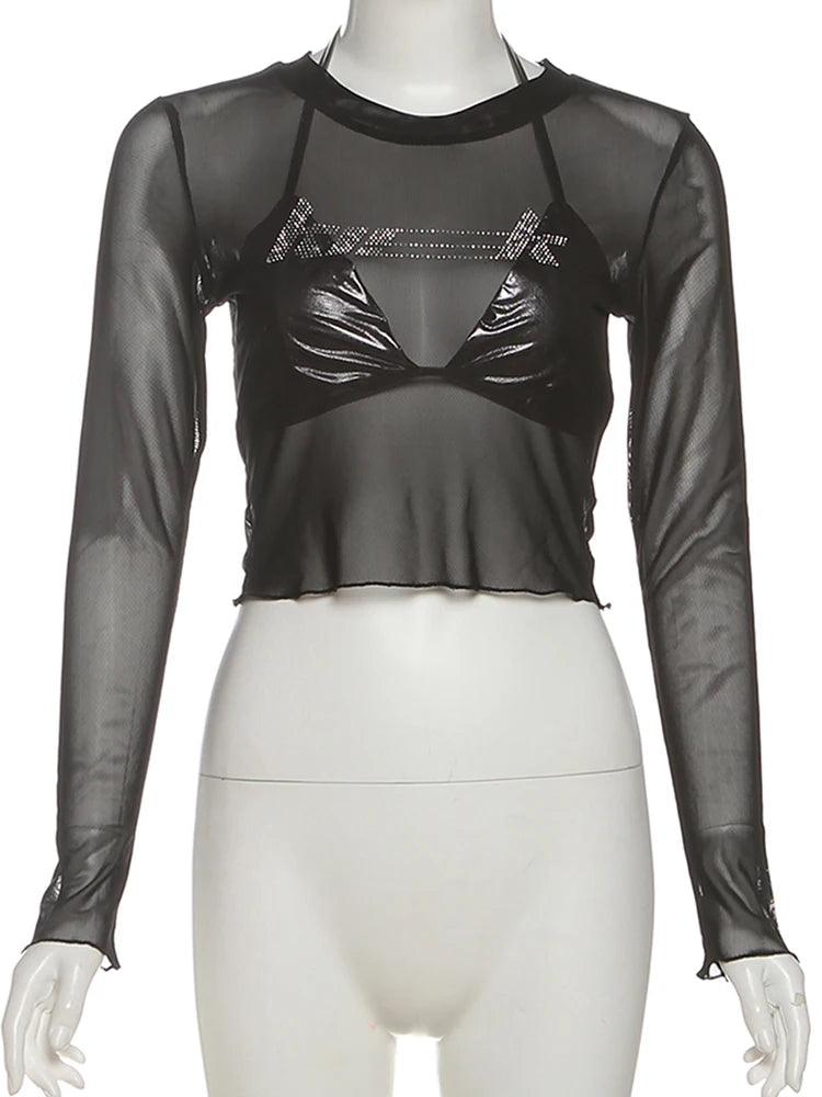 Sexy 2-Piece Top Set Women Bandage Halter Bra+See Through Fake Diamond Sticker Full Sleeve t-Shirt Midnight Streetwear