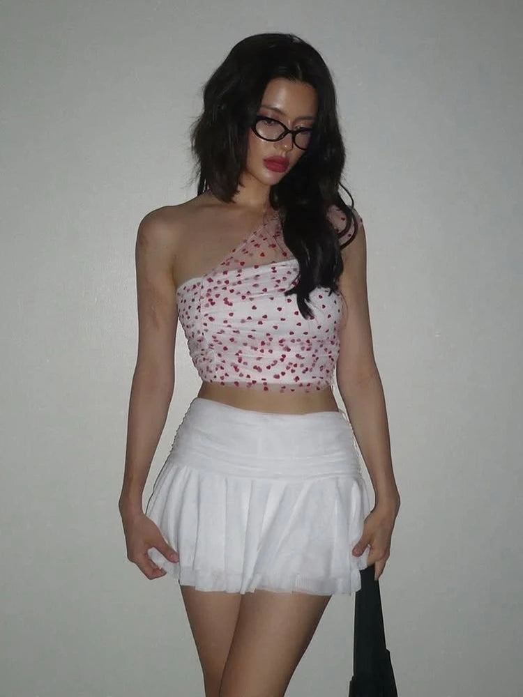 Sweet Folds 2-Piece Set Love Print Patchwork Single Shoulder Tank Tops+Multilayer Mesh Skirts Slim Matching Clubwear