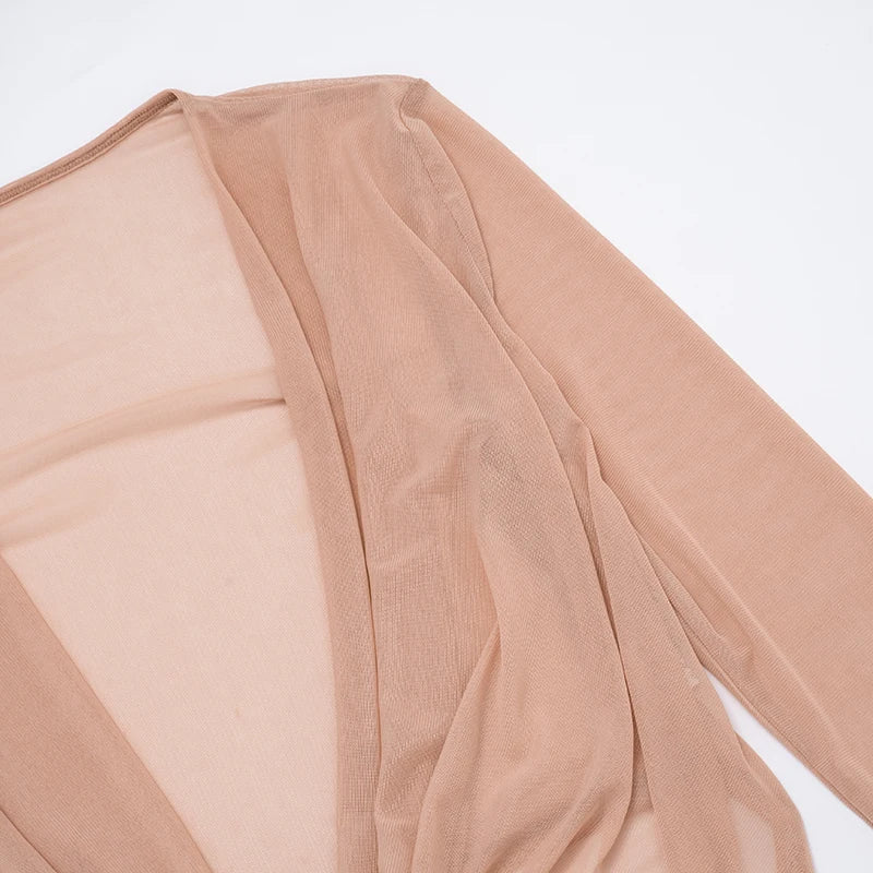 See Through Women 2 Piece Set Sexy Coquette Full Sleeve Swing Collar Tees+Straight Pants Simple Matching Clubwear