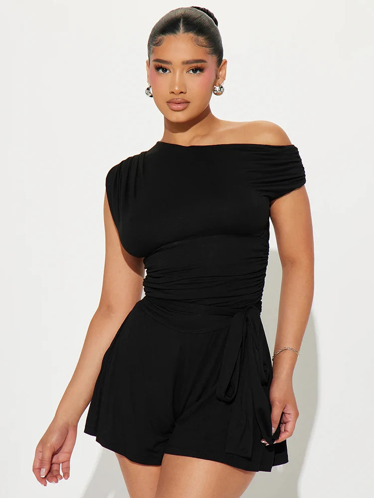 Collar Skew Romper Women Slim Sleeveless Sash Casual Simple Solid Streetwear Summer Workout Activity Shorts Overalls