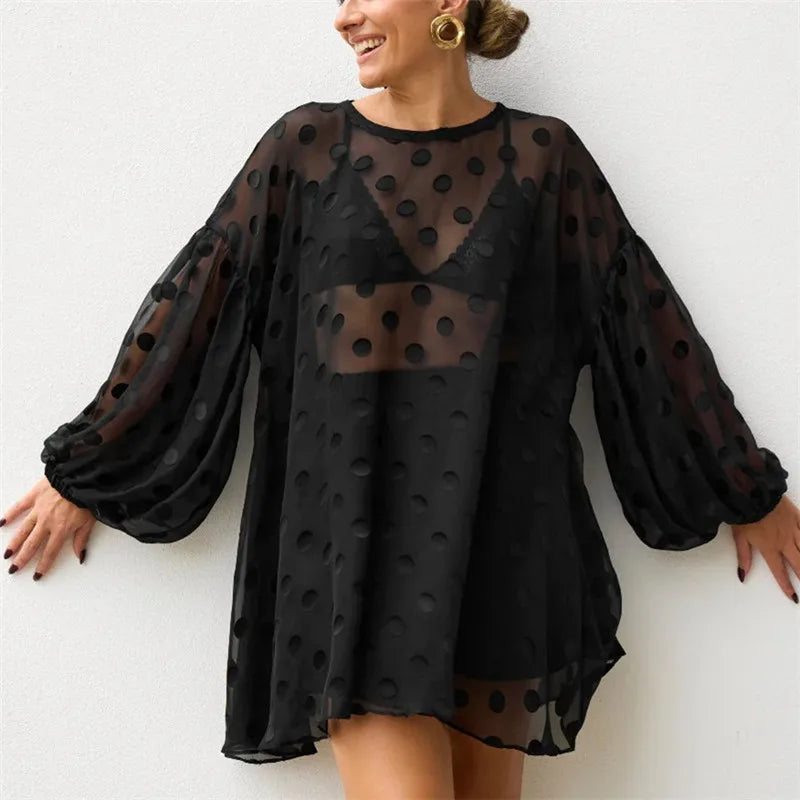 Sheer Mesh Long Puff Sleeve Casual Summer Cover Up T Shirt Blouse Women Y2K Polka Dot Beach Cover Up Shirt Dress
