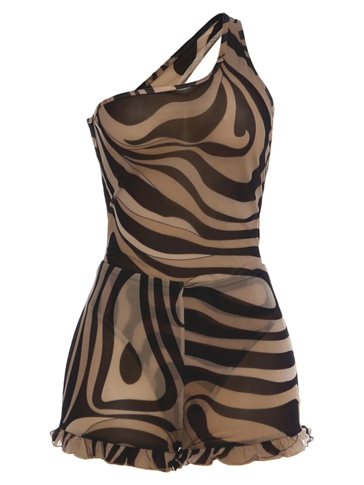 Wavy Pattern Print 2 Piece Set Woman Skew Collar Backless Tank Tops+Ruffles Edge Design Mini Shorts Sexy Fashion Suit