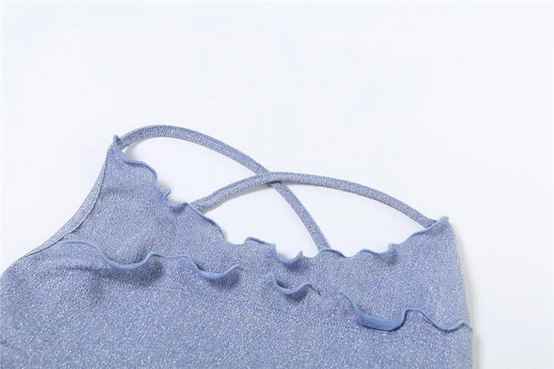 Glitter 2 Pieces Set Frilly Backless Halter Top and Drawstring Mini Skirt Sexy Summer Outfits Women