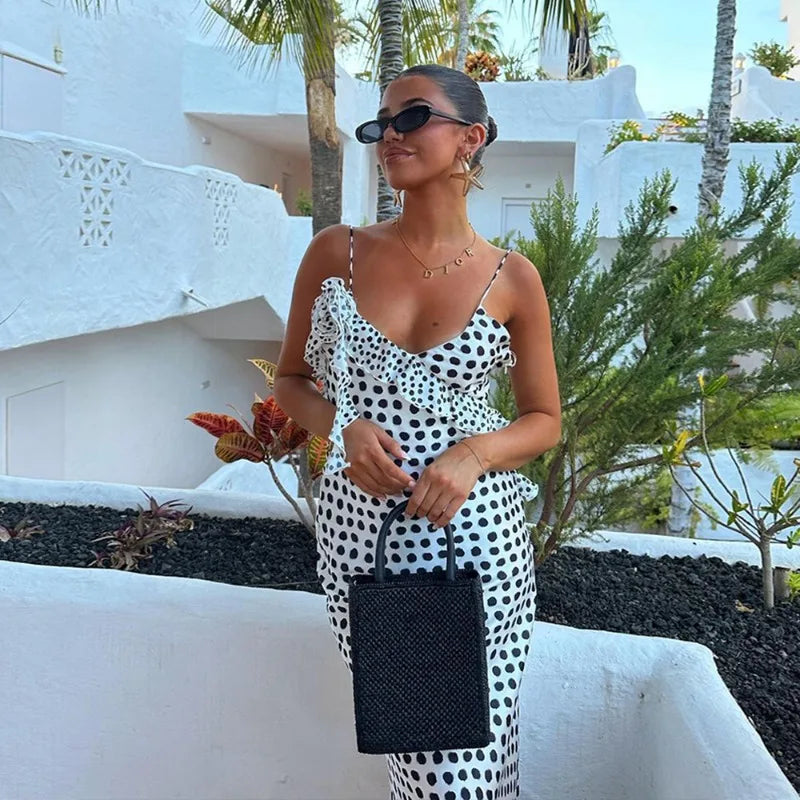 Polka-dot Vacation Beach Dresses Woman Summer Elegant Sexy 3d Floral-applique Ruffle Backless Maxi Dress