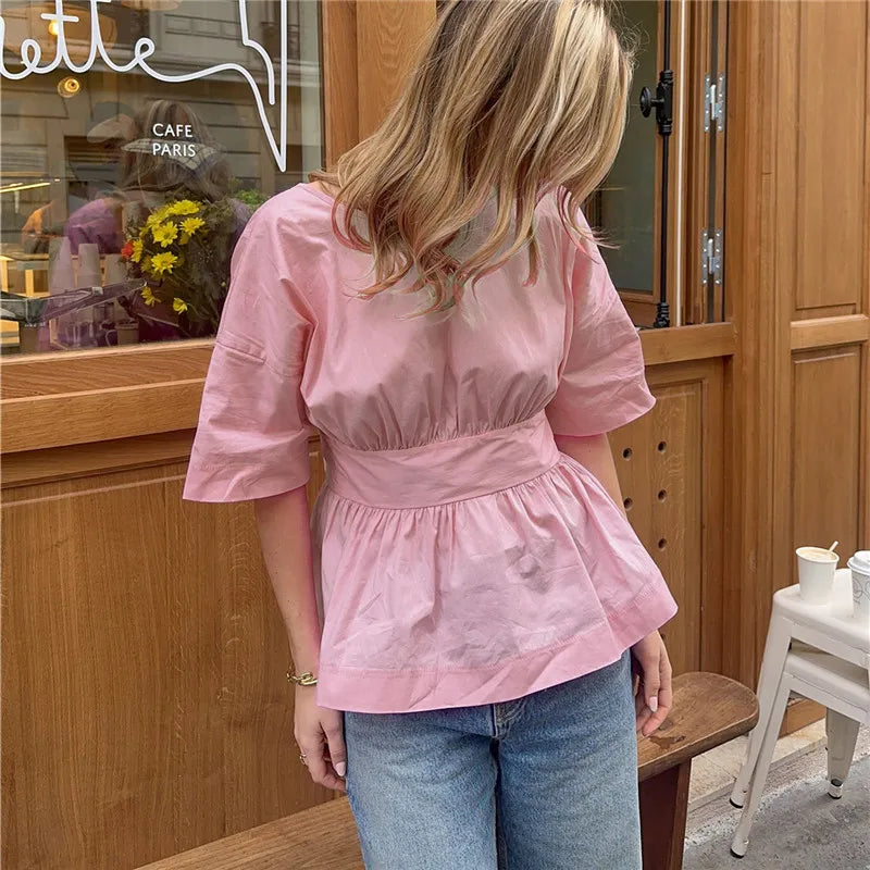 Backless Bow Tie Waist Ruffle Hem Top Women Short Sleeve Crew Neck Peplum Blouse Y2K Casual Summer Party Club Streetwear