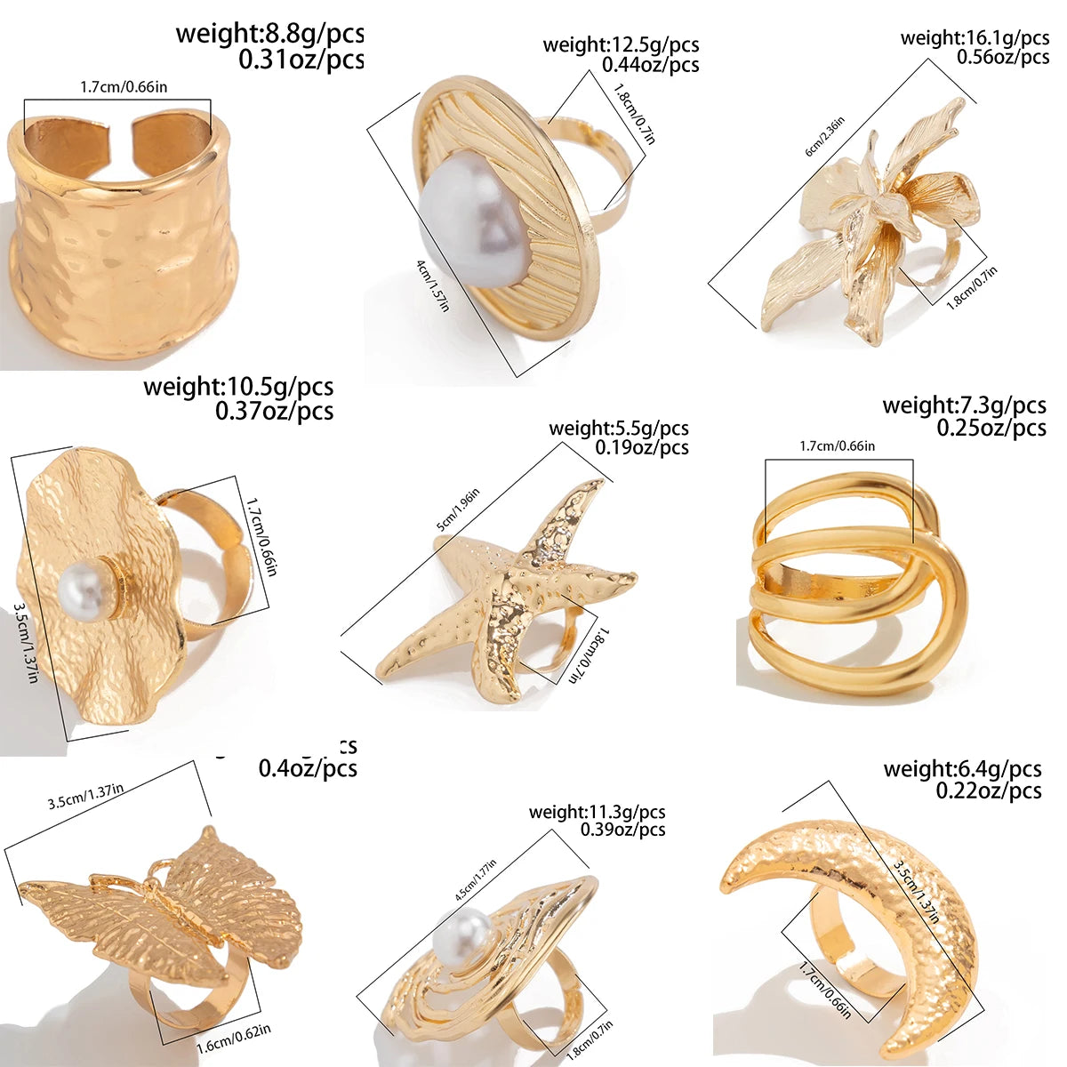 27 Styles Unique Exaggerated Big Flower Starfish Moon Rings Women Punk Geometric Adjustable Finger Ring Grunge Jewelry