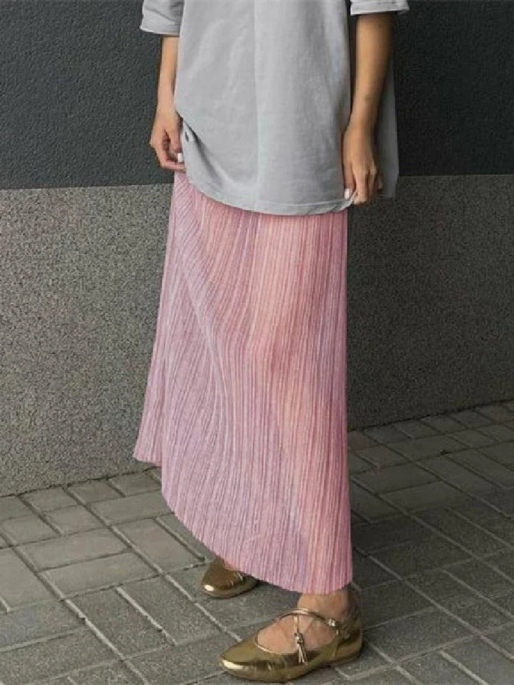 See Through Mesh Long Pleated Skirts for Women Bottoms Elegant Sexy Grey Black Pink Maxi Skirt Y2k Fairycore