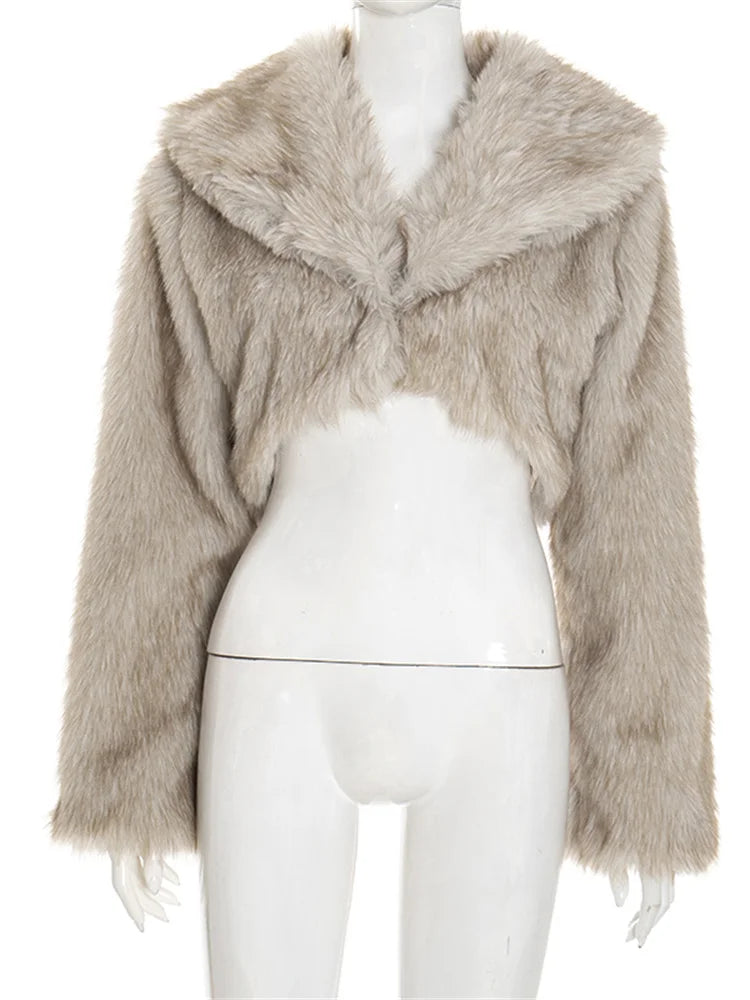 Sexy Furry Crop Jacket Women Basic Autumn Trend Button Lapel Full Sleeve Hottie Simple Wild Streetwear Clubwear Coat