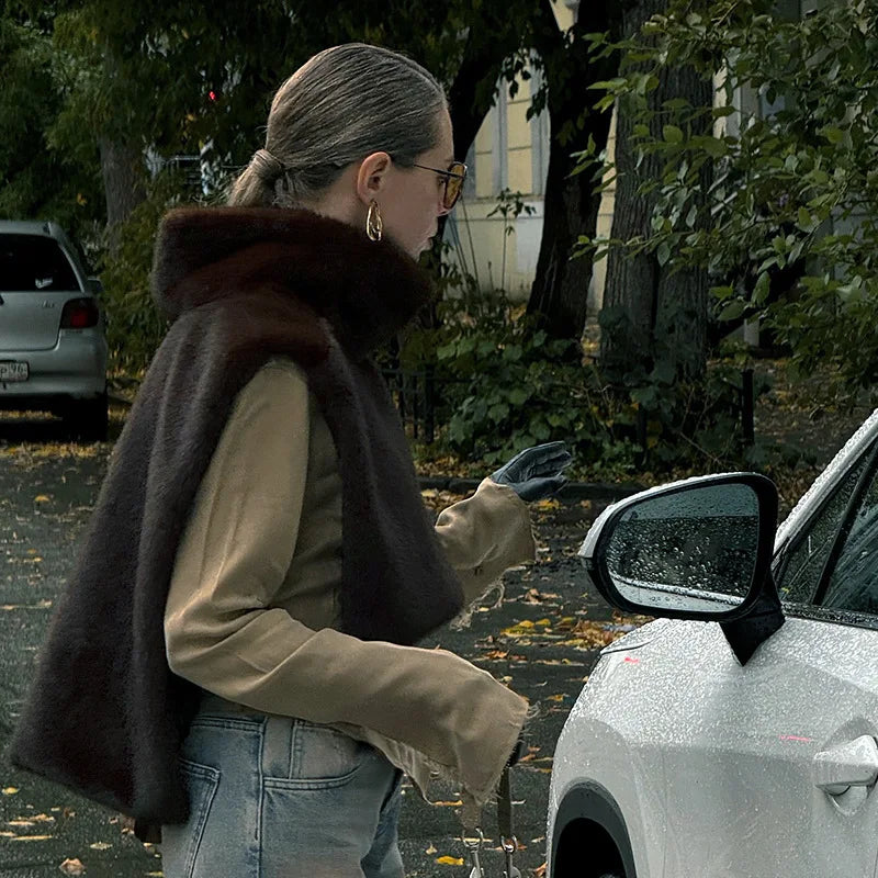 Turtleneck Furry Warm Vest Sleeveless Jacket Coat Faux Fur Top Women Trendy Winter Clothes