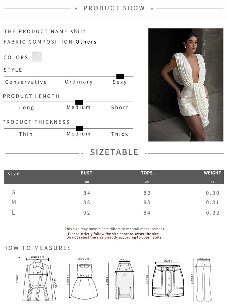 Deep V-Neck Mini Dress Woman Backless Sleeveless Skinny Peach Hip Sexy Fashion Midnight Club Party Ruched Elegant Bodycon