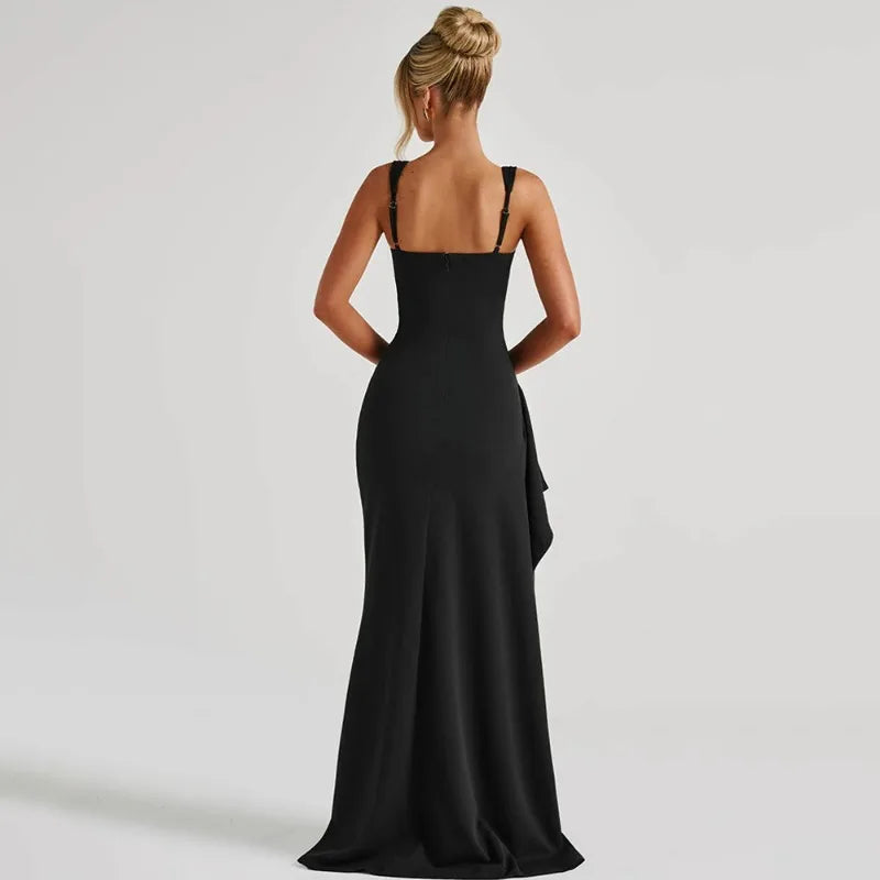 Square Neck Backless High Split Maxi Dresses Sexy Elegant Black Evening Dress Luxury Women 2025