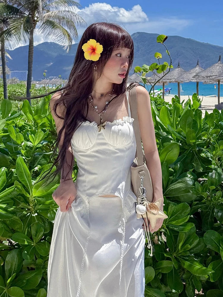 Patchwork Lace Camisole Women Y2K Strapless Fungus Edge Irregular Hem Tassel Skinny Backless Summer Sexy Classic Tops