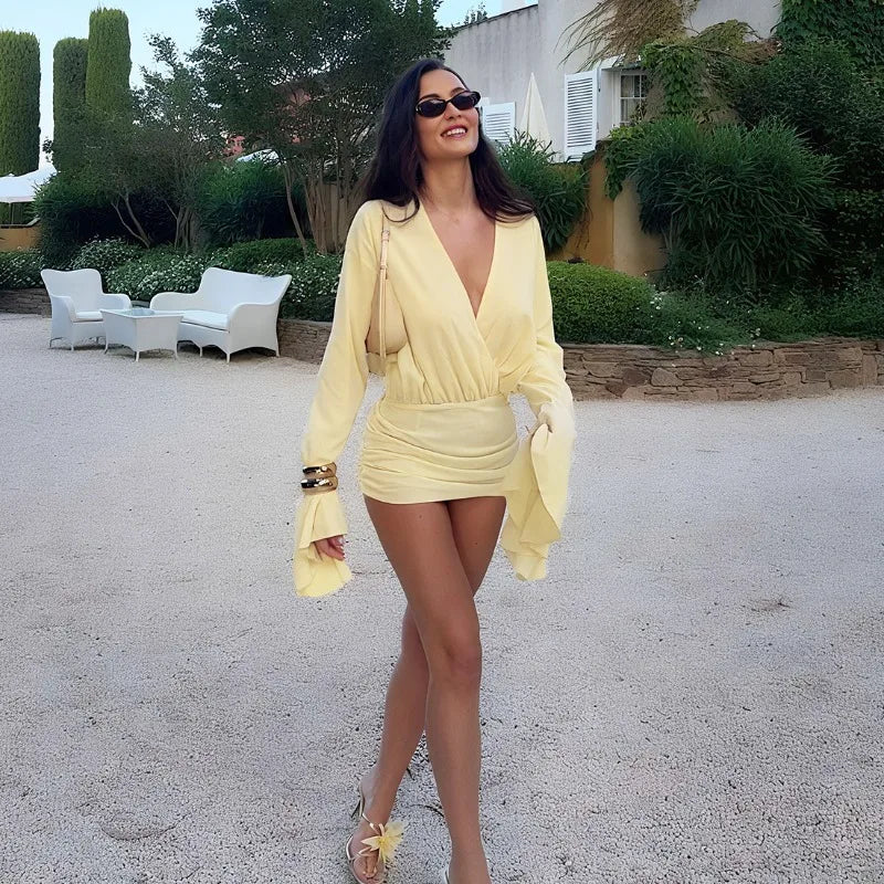 Deep V Neck Flared Long Sleeve Dress Fashion Sexy Yellow Short Dresses 2025 Autumn New Womens Clothing