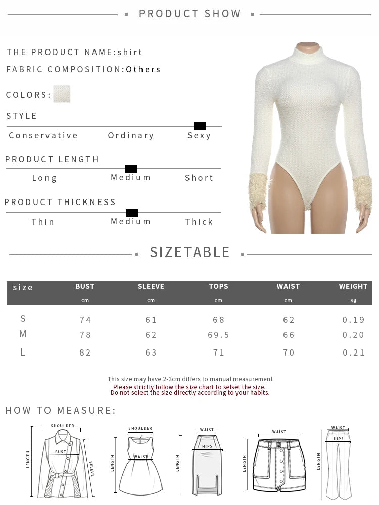Hottie Fluffy Patchwork Knit Bodysuit Women Fashion Turtleneck Full Sleeve Autumn Trend Street Party Activity Outfits