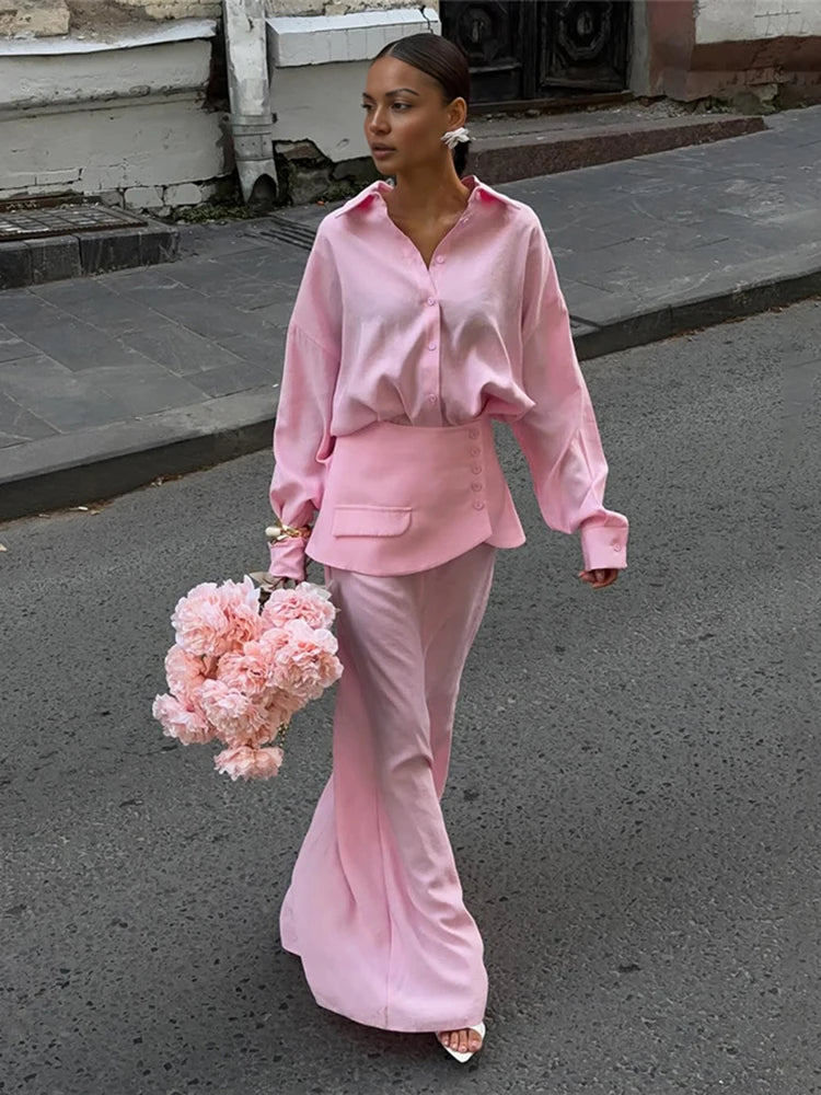 Single-Breasted 3 Piece Set Women Elegant Polo Neck Full Sleeve Blouse+Pinafore+Skirt Matching Trend Chic Streetwear