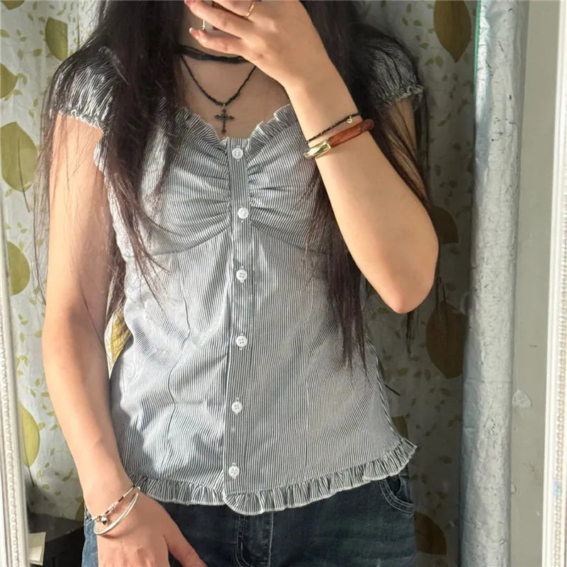 Women Fairy Grunge Crop Top Vintage Lace Short Sleeve Shirt Aesthetic Patchwork Square Neck T-Shirt 90s Harajuku Shirt