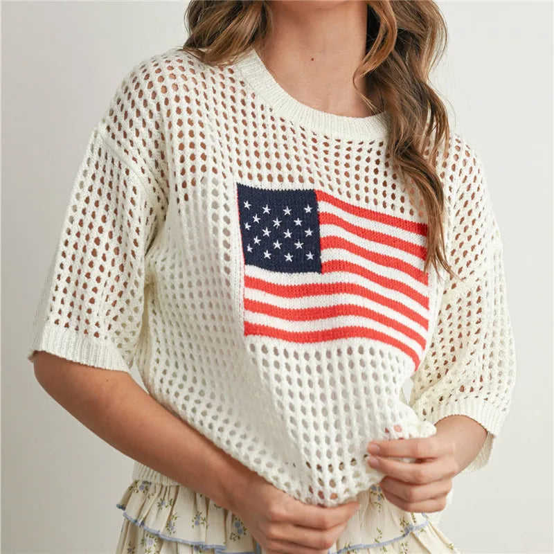 Women's Short Sleeve Crochet Knit Sweater Round Neck American Flag Graphic Pullover Loose Fit Summer Knitwear