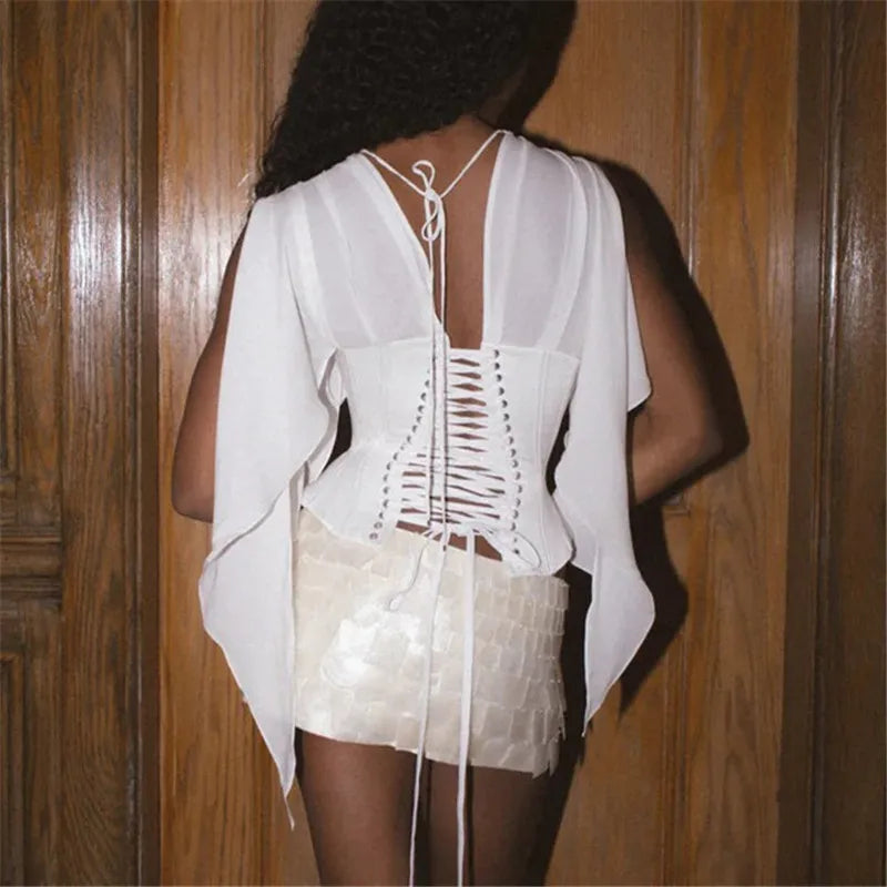 Women V Neck Corset Top Chiffon Flowy Cape Sleeve Lace Up Back Satin Bustier Slim Waist Shaping Shirt Party Night Top