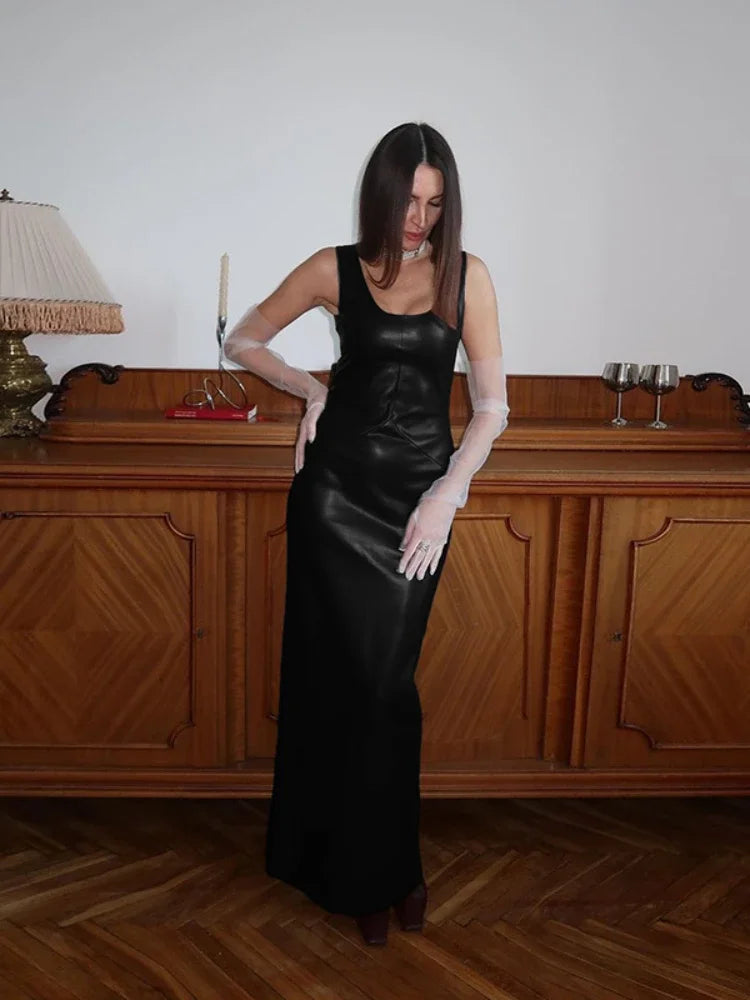 PU Leather Party Dress Women Night Sleeveless Split Long Dresses Fashion Fall Winter Clothes 2024