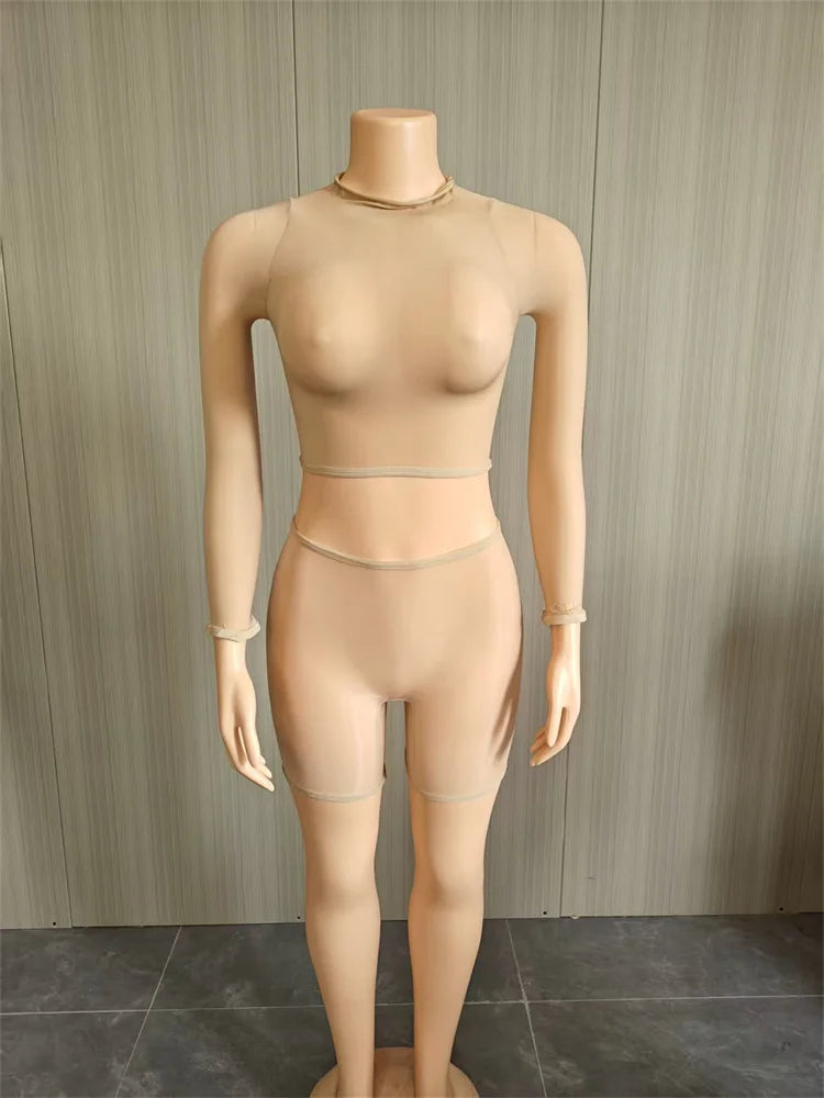 Sexy See Through 2-Piece Set Women Full Sleeve o-Neck Crop Tops+Simple Elastic Waist Short Slim Midnight Hottie Suit
