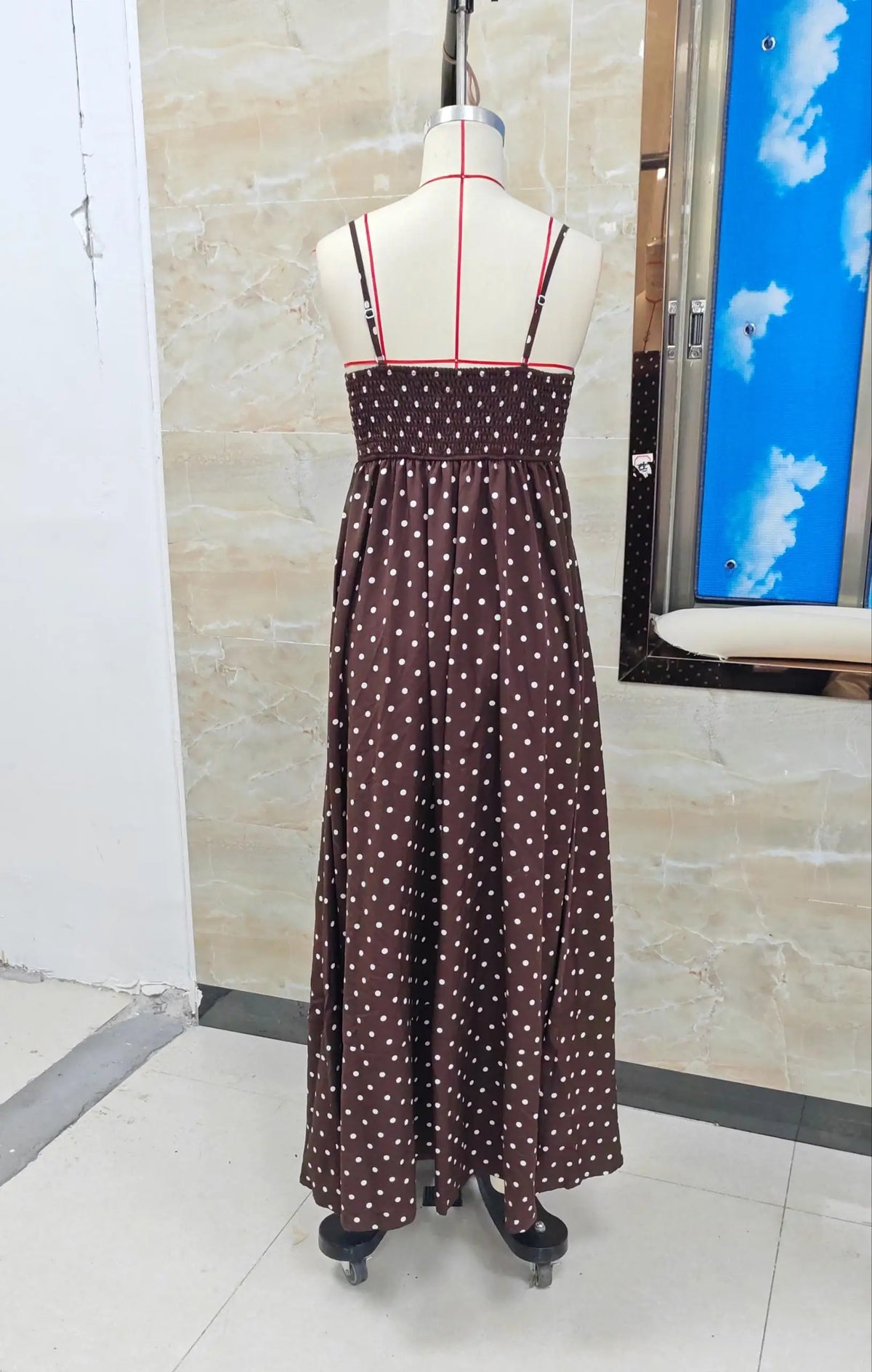 Women's Summer Slip Dress Polka Dot Print Sleeveless Spaghetti Strap Backless Long A Line Dress with Pockets Beachwear